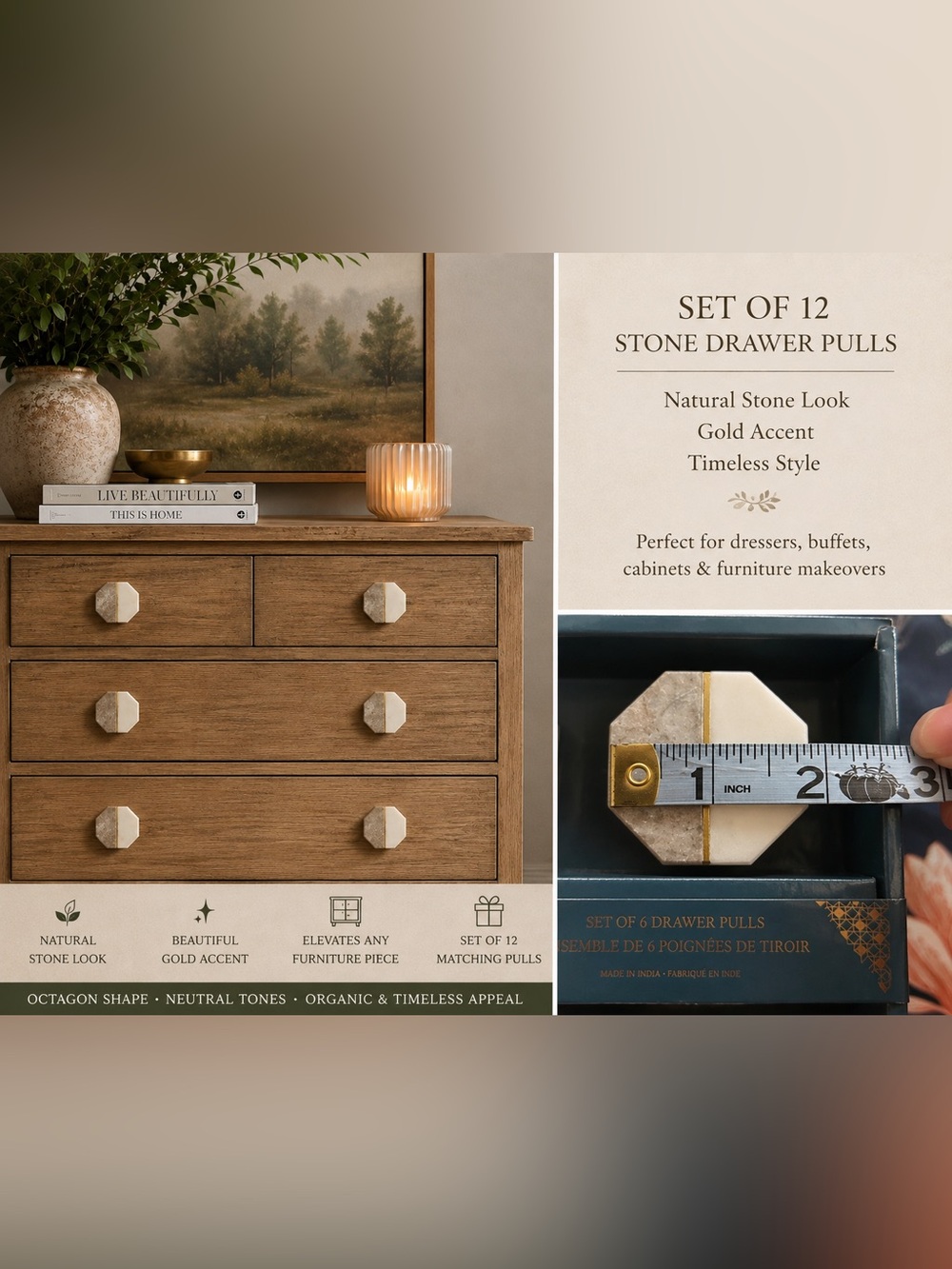 Casa Decor Set of 12 Stone Octagonal Drawer Pulls | Gold Accent , New in Box